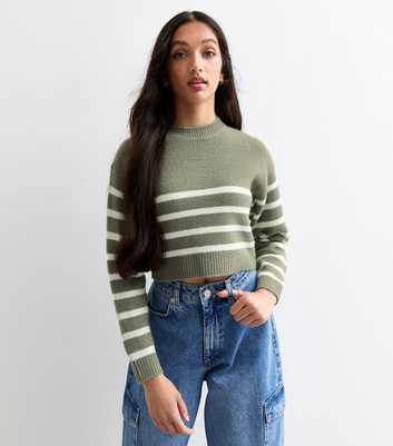 Girls Green Striped Knit Crop Jumper