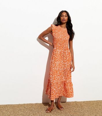 Orange Shirred Spot Print Ruffled Midi Dress New Look