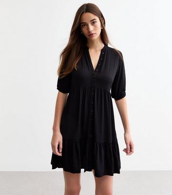 Black Button Through Textured Mini Smock Dress New Look