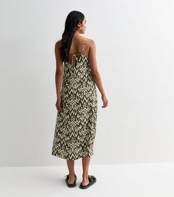 Green Abstract-Print V-Neck Strappy Midi Dress New Look