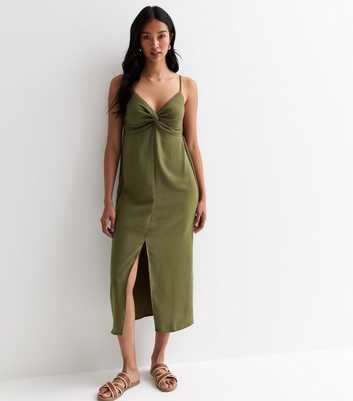 Khaki Twist Front Strappy Midi Dress