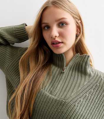 Girls Olive Half Zip Knit Jumper