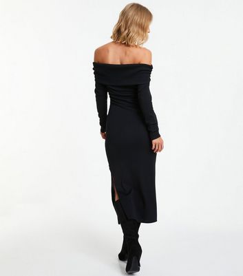 QUIZ Black Ribbed Bardot Midi Dress New Look