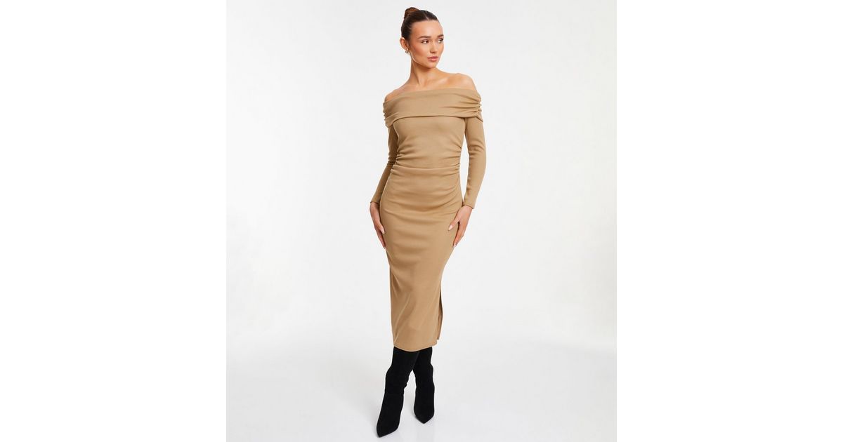 QUIZ Camel Ribbed Bardot Midi Dress | New Look