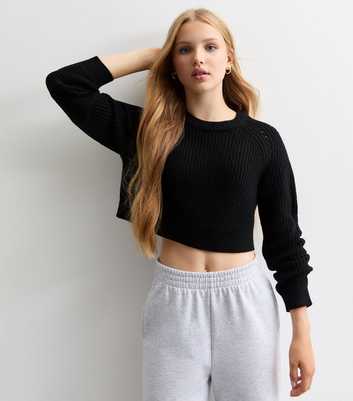 Girls Black Hole Detail Crew Neck Crop Jumper