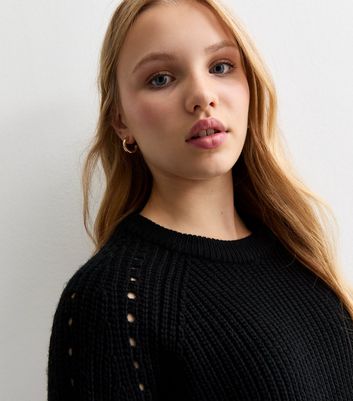 Girls Black Hole Detail Crew Neck Crop Jumper New Look