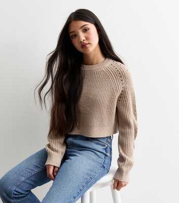 Girls Camel Hole Detail Crew Neck Crop Jumper