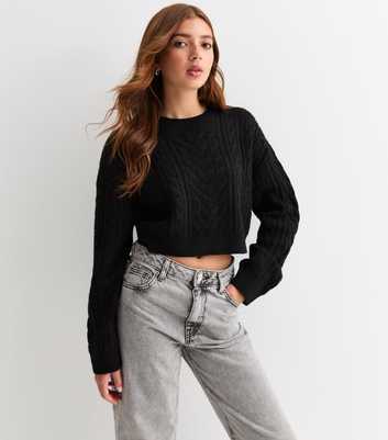 Girls Black Cable Knit Crop Jumper