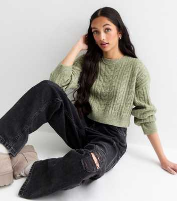 Girls Olive Cable Knit Crop Jumper