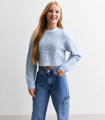 Girls Pale Blue Cable Knit Crop Jumper