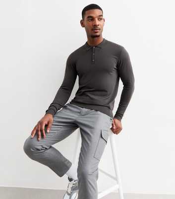 Dark Grey Slim Fine Knit Long Sleeve Polo Top