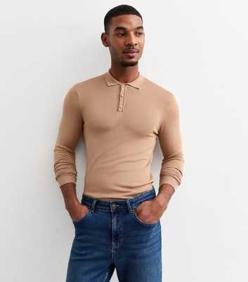 Camel Slim Fine Knit Long Sleeve Polo Top