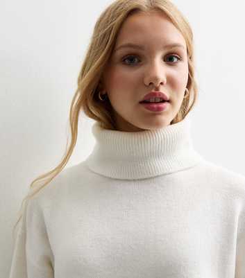 Girls White Cropped Roll Neck Jumper