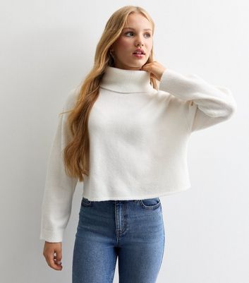Girls White Cropped Roll Neck Jumper New Look