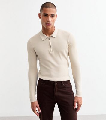 Cream Regular Half Zip Ribbed Long Sleeved Polo Shirt | New Look Cream Regular Half Zip Ribbed Long Sleeved Polo Shirt | New Look