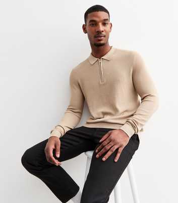 Stone Regular Half Zip Ribbed Long Sleeved Polo Shirt