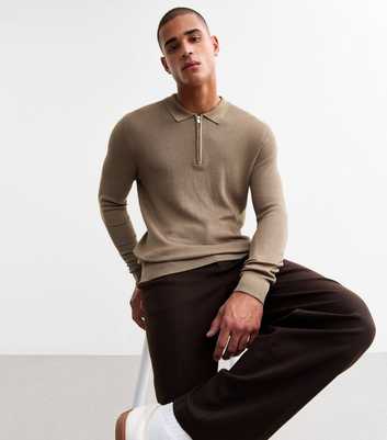 Light Brown Regular Half Zip Ribbed Long Sleeved Polo Shirt