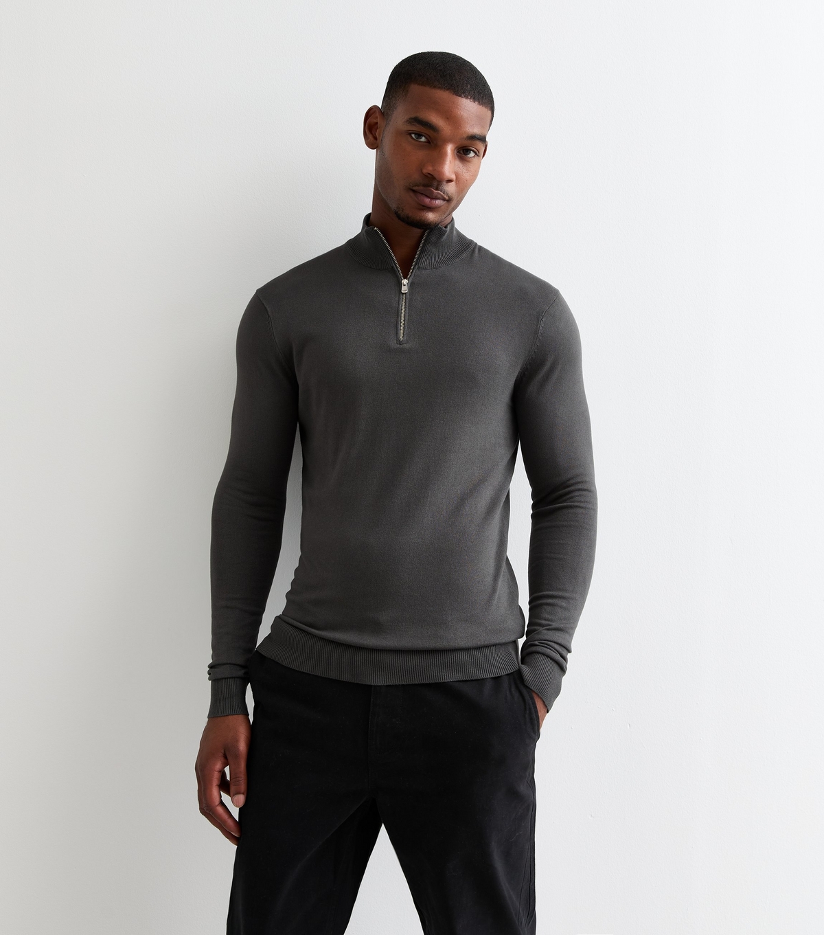 Men's Dark Grey Slim Quarter Zip Lightweight Knit Jumper New Look