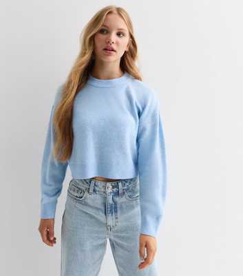 Girls Pale Blue Crop Ribbed Cuff Jumper