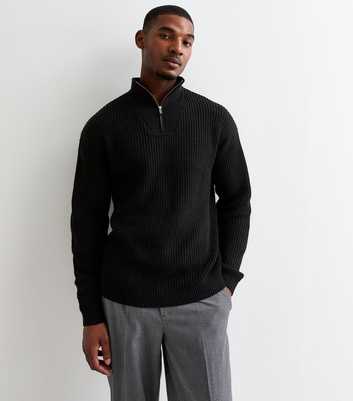 Black Relaxed Quarter Zip Textured Knit Jumper