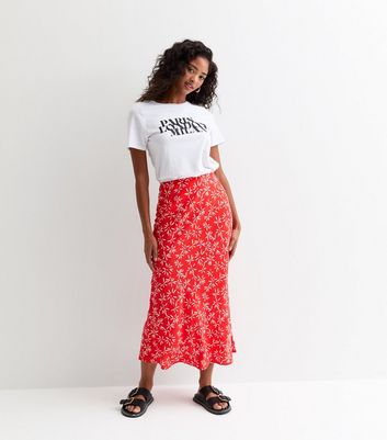 Red Floral-Print Bias Midi Skirt New Look