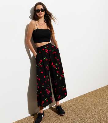 Black Cherry Print Cropped Wide Leg Trousers