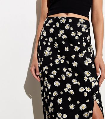 Black Daisy Print Split Hem Midi Skirt New Look