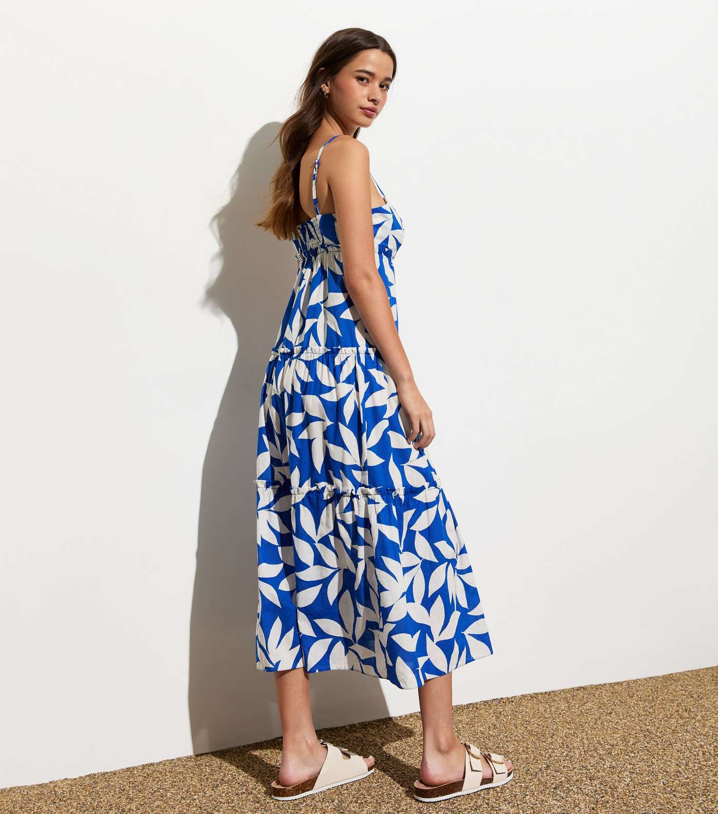 Blue Floral Tiered Cotton Midi Dress Image 4