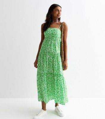 Green Cotton Strappy Spot Print Midi Dress New Look