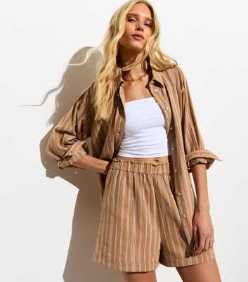 Tan Cotton-Linen Blend Stripe Print Shorts