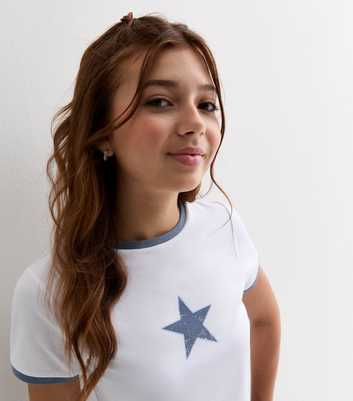 Girls White Star Print Cotton T-Shirt