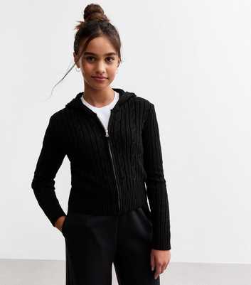 Girls Black Cable Knit Zipped Hoodie