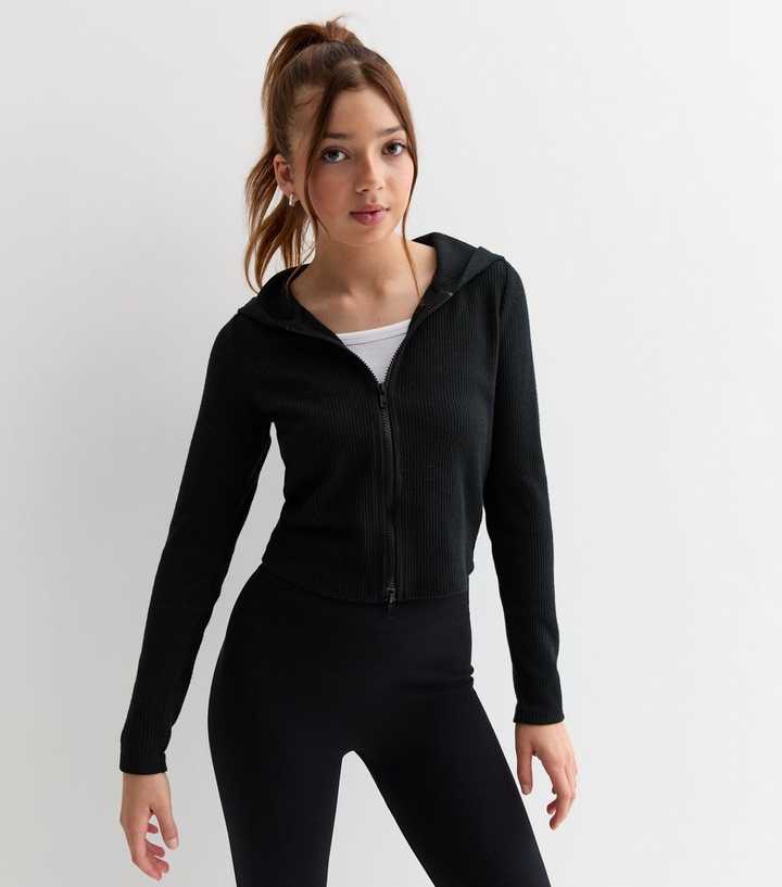 Girls Black Ribbed  Zip Hoodie