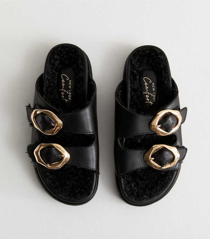 Black Faux-Fur Trim Flat Leather Look Sandals 