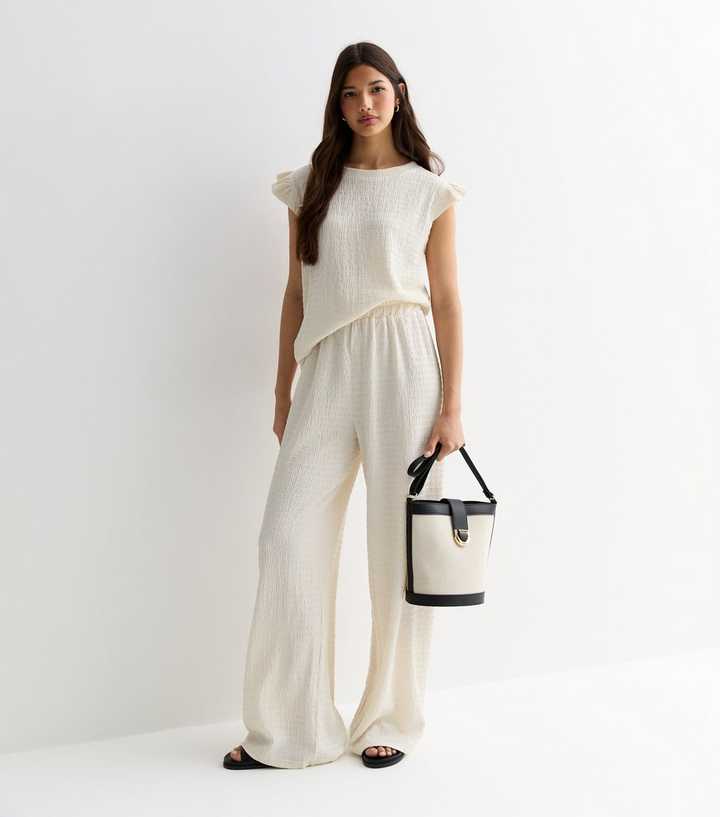 Gini London Cream Textured Wide Leg Trousers