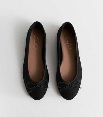 Black Suede-Look Bow-Trim Flat Ballerina Shoes 