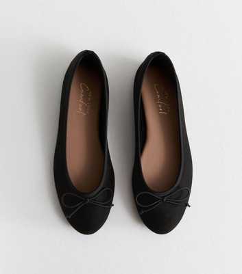 Black Suede-Look Bow-Trim Flat Ballerina Shoes