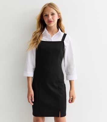 Girls Black Split Hem Pinafore School Dress