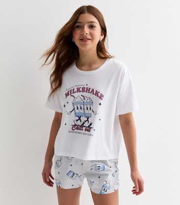 Girls White Cotton Short Pyjama Set with Milkshake Logo
