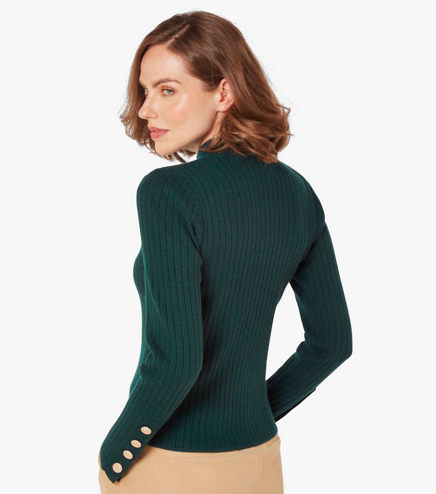 Apricot Green Ribbed Button Cuff Jumper  Image 3