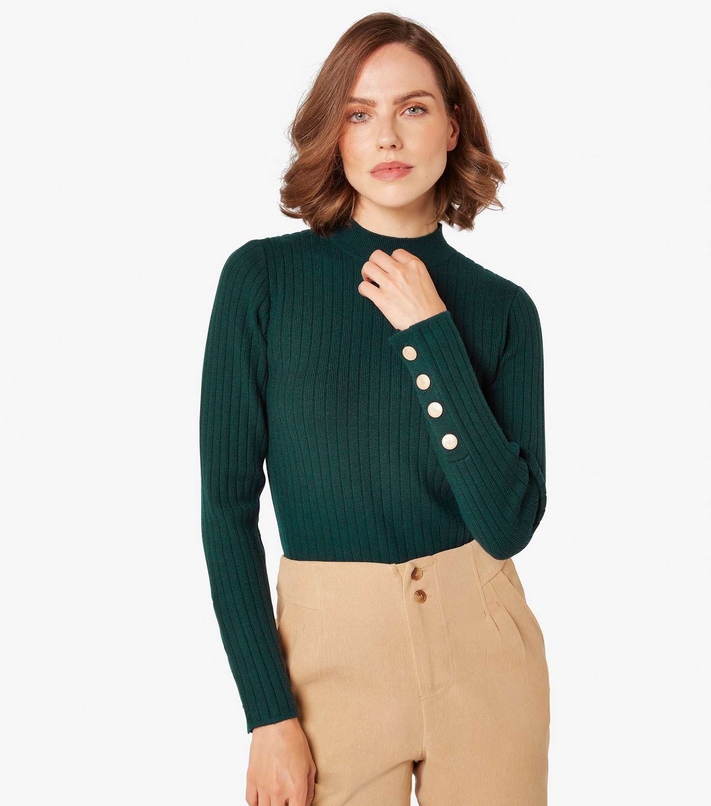 Apricot Green Ribbed Button Cuff Jumper  Image 5