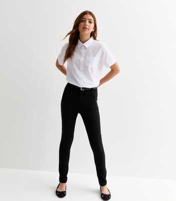 Girls Black Stretch Belted Skinny School Trousers 