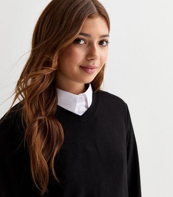 Girls Black V Neck Jumper New Look