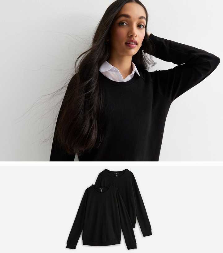 Girls Pack of 2 Black Crew Neck School Jumpers