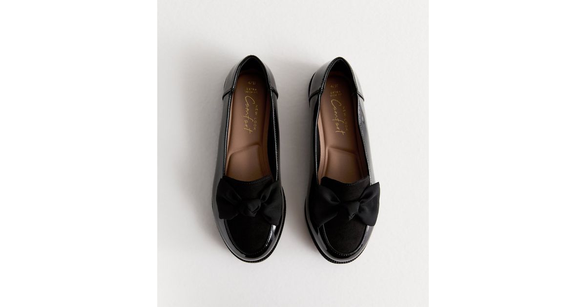 Extra Wide Fit Black Bow Patent And Suede Look Flat Loafers | New Look