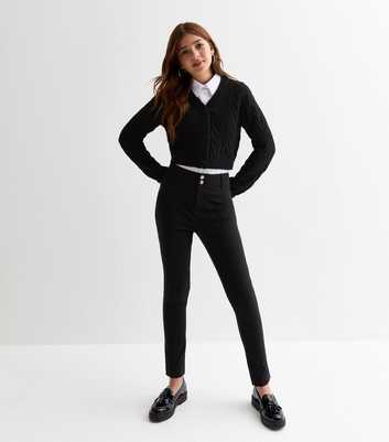 Girls Black Popper-Button Slim School Trousers