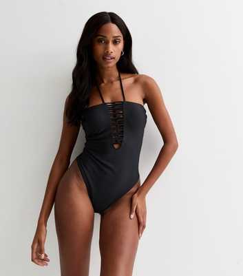 Black Lace-Front Bandeau Swimsuit 