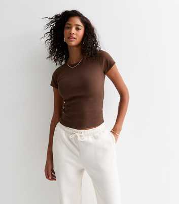 Brown Ribbed Crew Neck Top