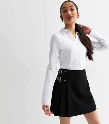 Girls Black Buckle-Detail Pleated School Skort