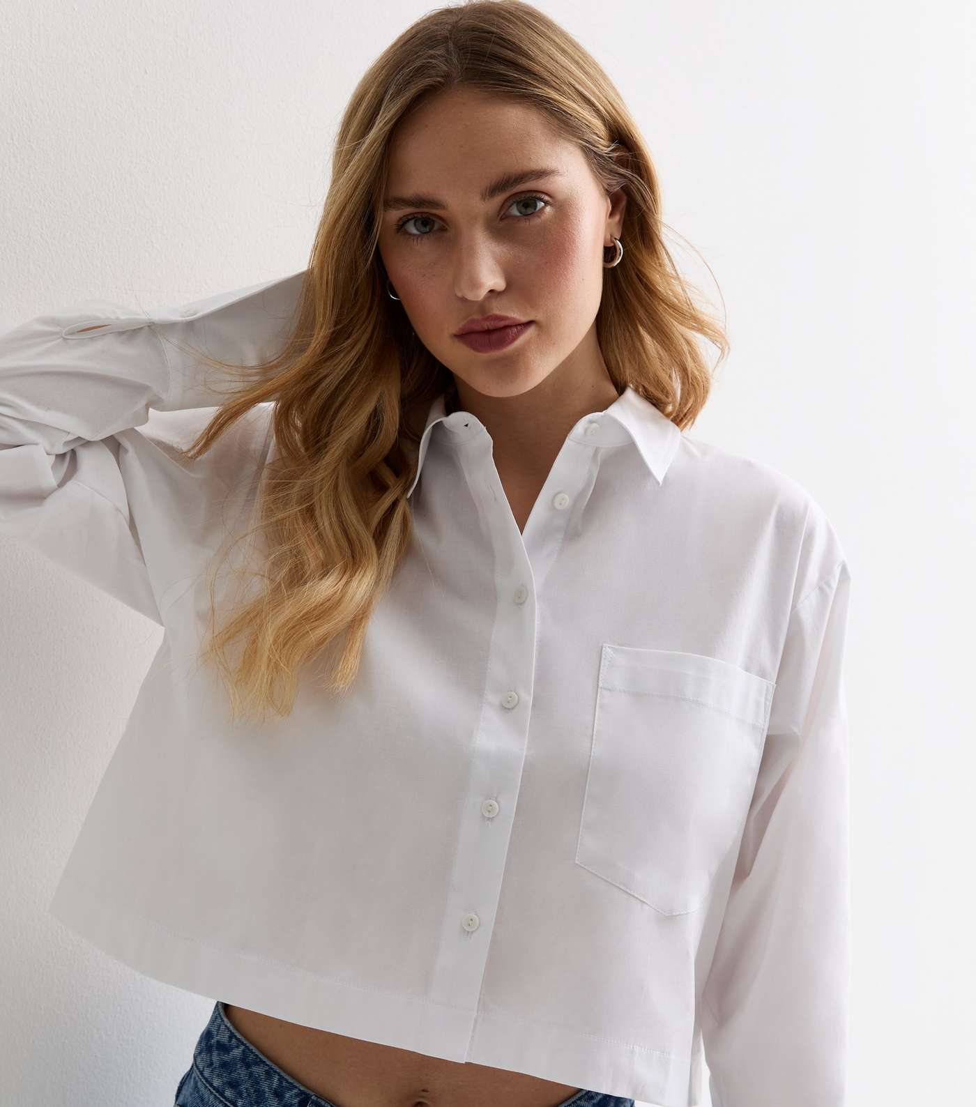 White Poplin Cotton Blend Crop Shirt Image 2
